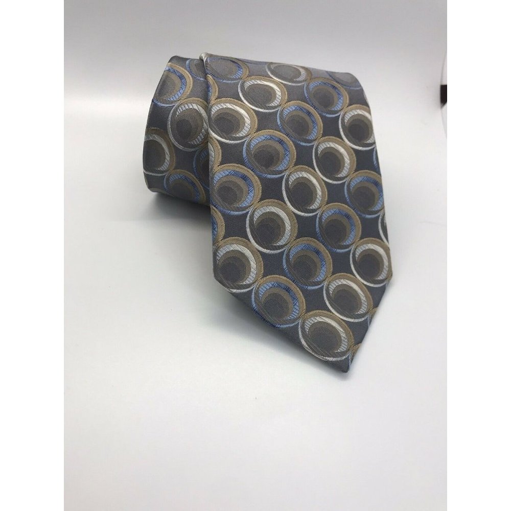 100% silk tie geometric circle designs grey blue white Concepts by Claiborne EUC